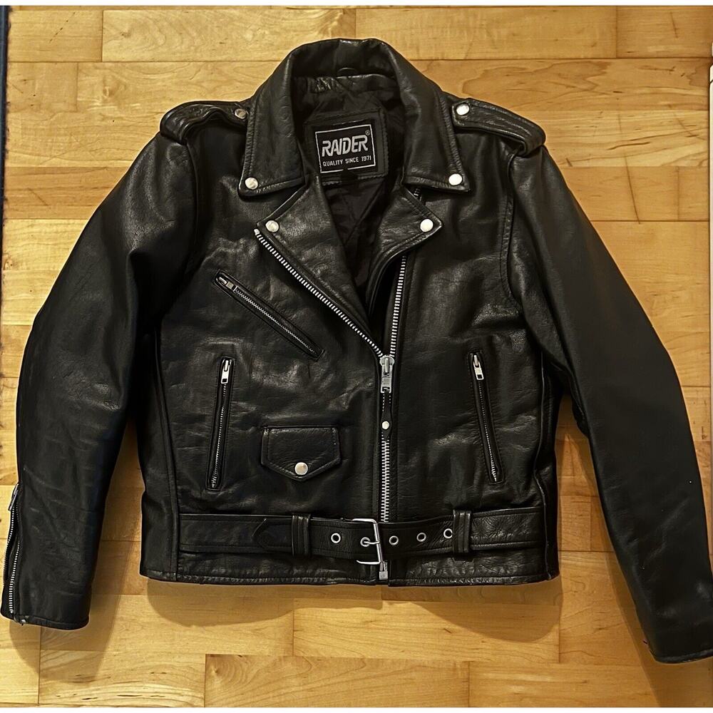 VTG Raider Biker Leather Motorcycle Jacket Black SilverHarley Davidson Patch 8